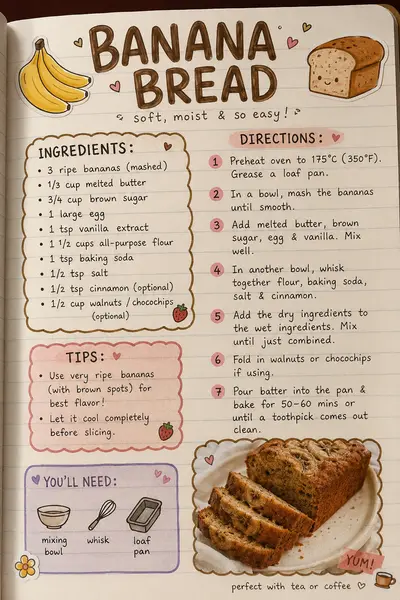 Eine handgeschriebene Rezeptseite in einem Notizbuch mit Zutaten und Anleitung für die Zubereitung von Bananenbrot.