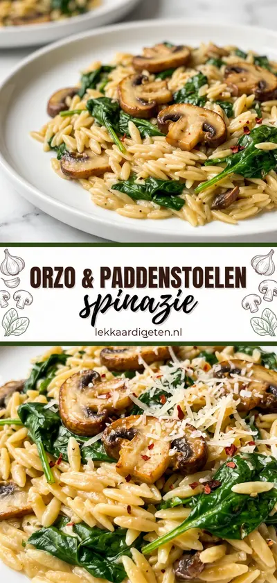 Ein Teller mit cremiger Orzo-Pasta, garniert mit gebratenen Champignons, frischem Spinat, Käse und Chiliflocken.