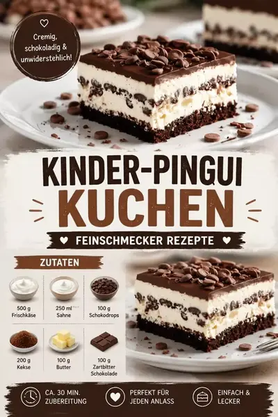 Ein Stück cremiger Kinder-Pingui-Kuchen auf einem weißen Teller, garniert mit dunklen Schokodrops.