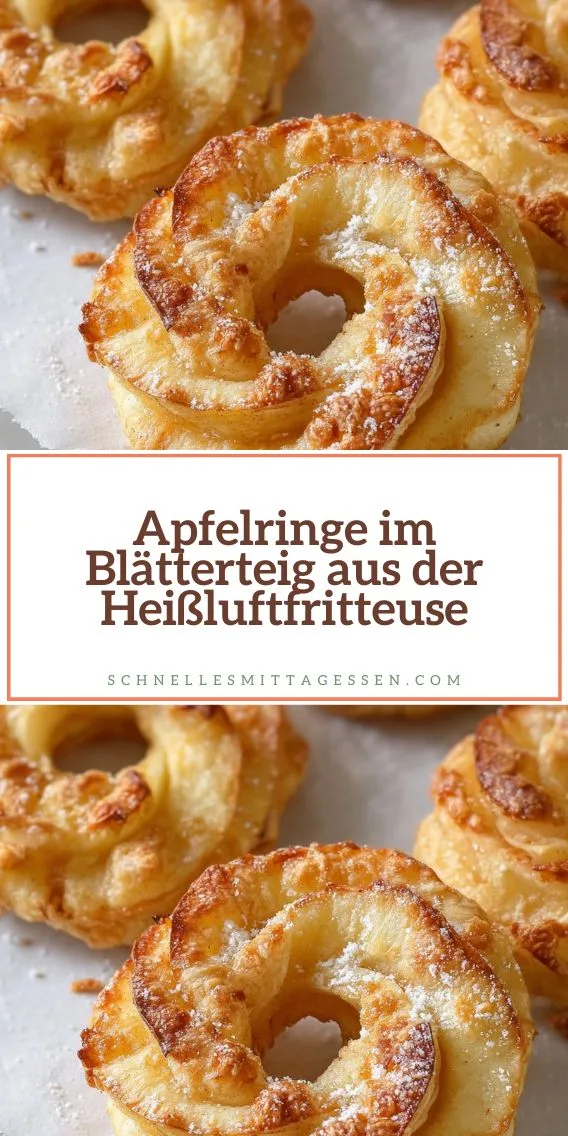 Goldbraun gebackene Apfelringe, die mit Blätterteig umwickelt und mit Puderzucker bestäubt auf Backpapier liegen.