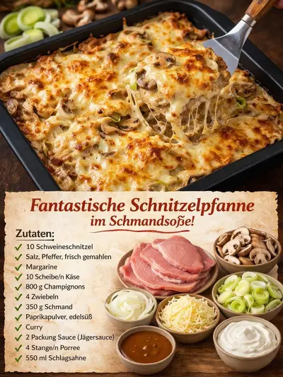 Eine mit Käse überbackene Schnitzelpfanne mit Pilzen und Lauch in einer Auflaufform, aus der ein Stück gehoben wird.