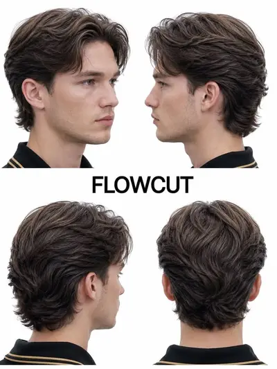 Vier Ansichten eines Mannes mit mittellangem, braunem Haar, das zu einem modernen Flow-Cut gestuft wurde.