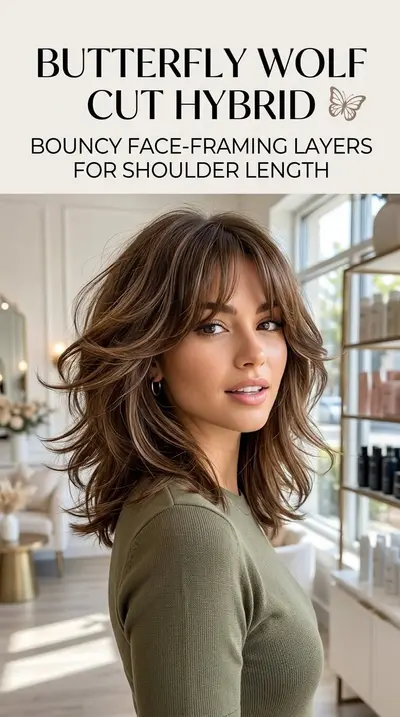 Eine Frau mit schulterlangem, stark gestuftem braunem Haar mit helleren Highlights in einem hellen Friseursalon.