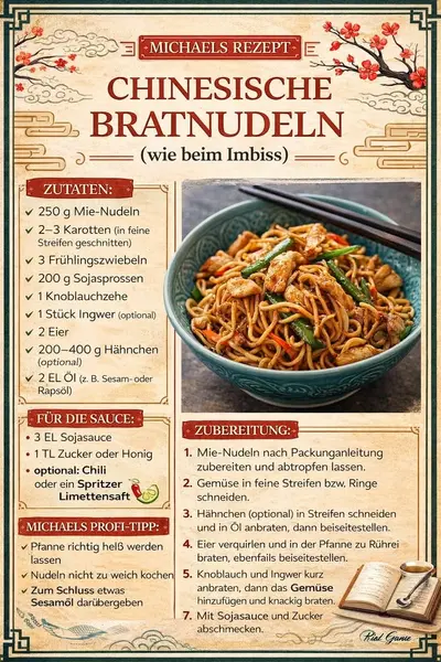 Eine blaue Schüssel gefüllt mit gebratenen chinesischen Nudeln, Gemüse und Hähnchenstücken.