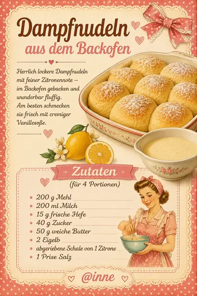 Eine Auflaufform mit goldbraunen Dampfnudeln und einer Schale Vanillesoße auf einem rustikalen Untergrund.
