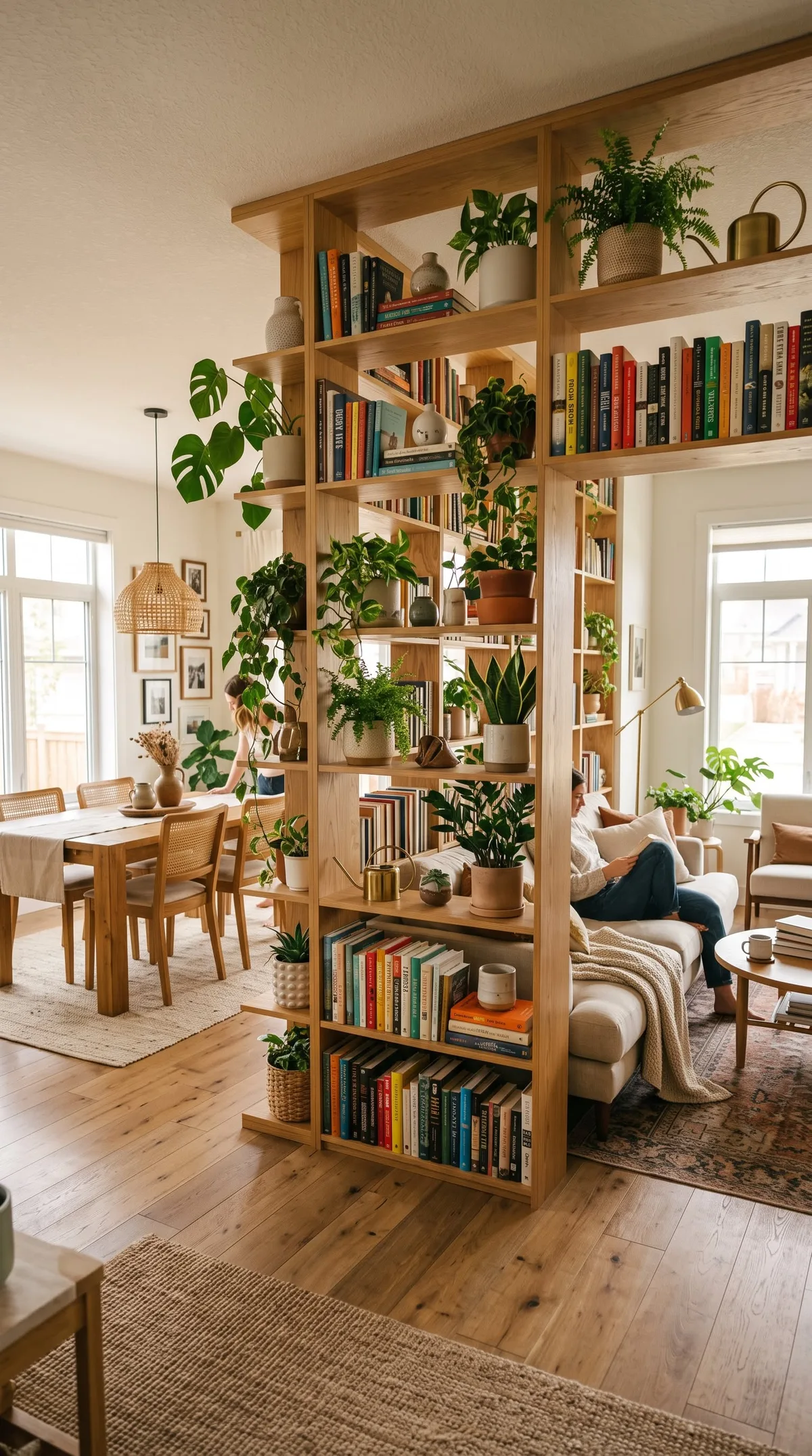 Ein heller Wohnraum wird durch ein großes Holzregal mit Büchern und Pflanzen in Ess- und Wohnbereich unterteilt.