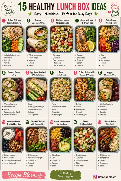 Eine Übersichtsgrafik zeigt 15 verschiedene, appetitlich angerichtete Lunchbox-Gerichte in rechteckigen Behältern.