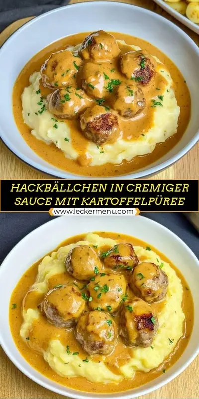 Zwei identische Aufnahmen zeigen eine Schüssel mit Kartoffelpüree und Hackbällchen in cremiger Sauce mit Kräutern.