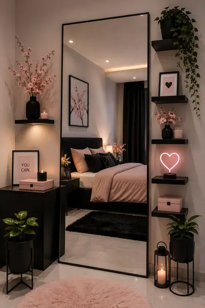 Ein modernes Schlafzimmer mit einem großen Ganzkörperspiegel, schwarzen Regalen und rosa Dekorationselementen.