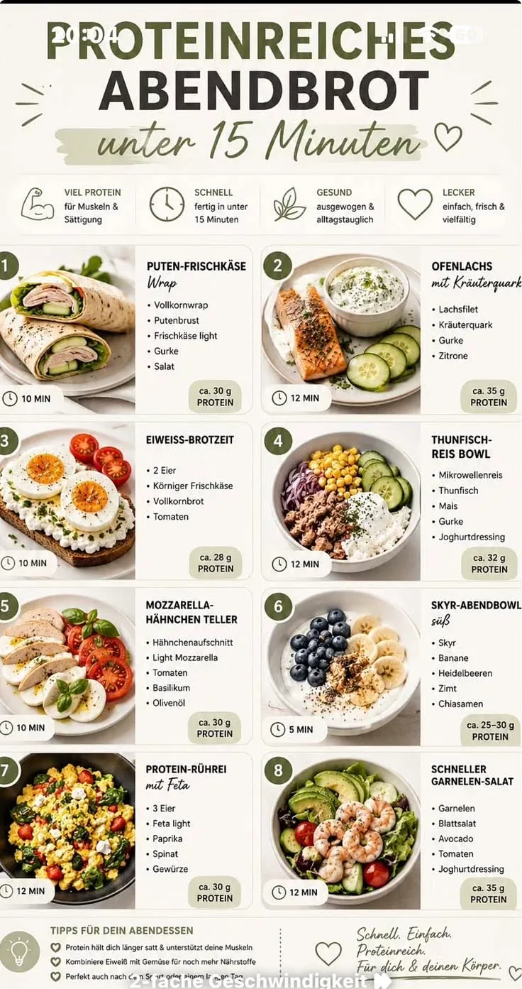 Infografik mit acht verschiedenen proteinreichen Abendessen inklusive Zutatenliste und Zubereitungszeit.