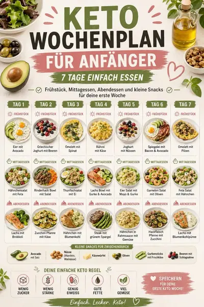Grafische Übersicht eines 7-Tage-Keto-Ernährungsplans mit Mahlzeiten für jeden Tag und hilfreichen Ernährungstipps.