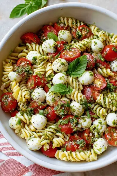 Eine weiße Schüssel gefüllt mit Fusilli-Nudelsalat, Kirschtomaten, Mozzarella-Kugeln und grünem Pesto.