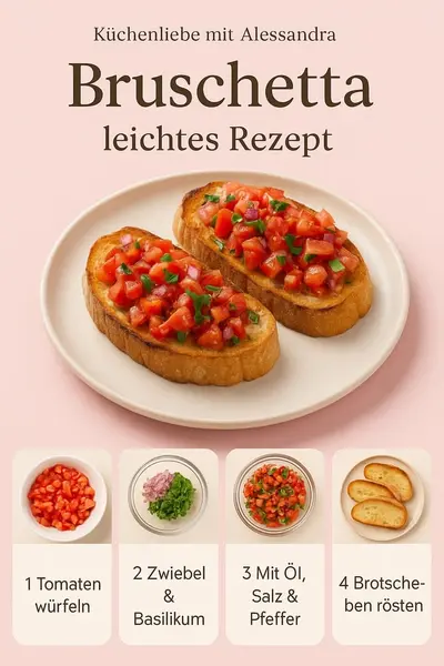 Zwei Scheiben geröstetes Brot belegt mit einer Mischung aus Tomaten, Zwiebeln und Basilikum auf einem Teller.