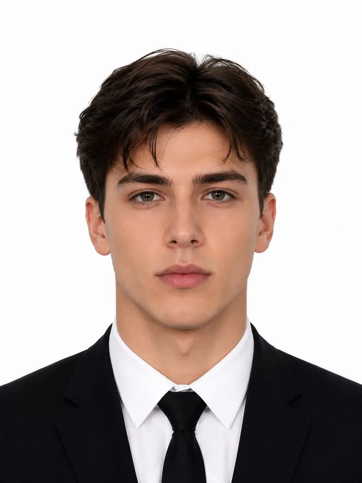 Ein junger Mann mit dunklem Haar im modernen Mittelscheitel, bekleidet mit einem schwarzen Anzug und weißem Hemd.