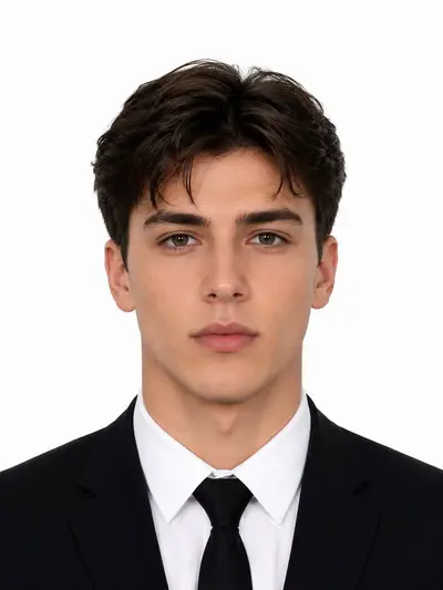 Ein junger Mann mit dunklem Haar im modernen Mittelscheitel, bekleidet mit einem schwarzen Anzug und weißem Hemd.