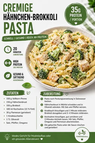 Ein Teller mit cremiger Penne-Pasta, gebratenen Hähnchenwürfeln, Brokkoli und etwas Parmesan auf einem Holztisch.
