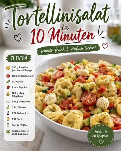 Eine große weiße Schüssel gefüllt mit einem bunten Tortellinisalat aus Nudeln, Kirschtomaten, Gurken und Mozzarella.