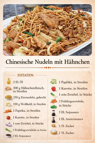 Ein Teller mit gebratenen chinesischen Nudeln, Hähnchenstreifen und buntem Gemüse wie Karotten und Kohl.