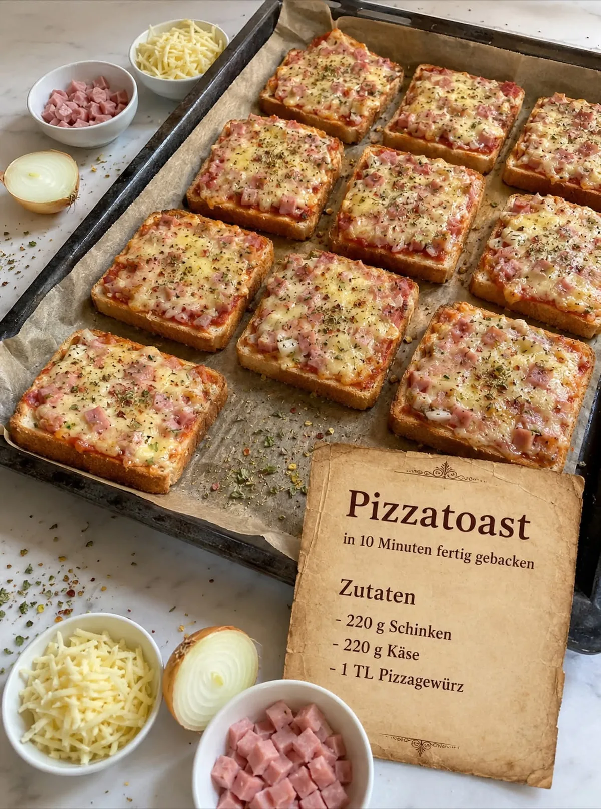 Ein mit neun Pizzatoasts belegtes Backblech neben Schälchen mit Schinken, Käse und einer halbierten Zwiebel.