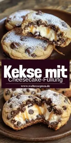 Zwei aufgeschnittene Chocolate Chip Cookies mit heller Cheesecake-Füllung und Karamellkern auf einem dunklen Teller.