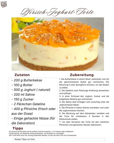 Eine runde Pfirsich-Joghurt-Torte mit Keksboden, belegt mit frischen Pfirsichspalten und gehackten Nüssen.