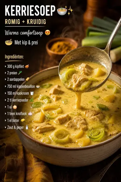 Een kom met romige gele kerriesoep waarin stukjes kip, prei en aardappel zichtbaar zijn, geserveerd met een soeplepel.