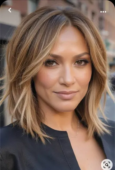 Eine Frau mit schulterlangem, honigblondem Haar in einem gestuften Long Bob Schnitt und natürlichem Styling.