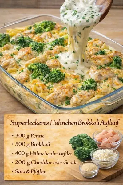 Eine Glasauflaufform mit Hähnchen-Brokkoli-Auflauf, aus der eine cremige Soße mit einem Holzlöffel gehoben wird.