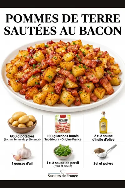 Une assiette de pommes de terre dorées sautées avec des lardons fumés et saupoudrées de persil frais.