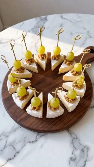 Triangles de camembert agrémentés de cerneaux de noix et raisins verts sur une planche en bois ronde.