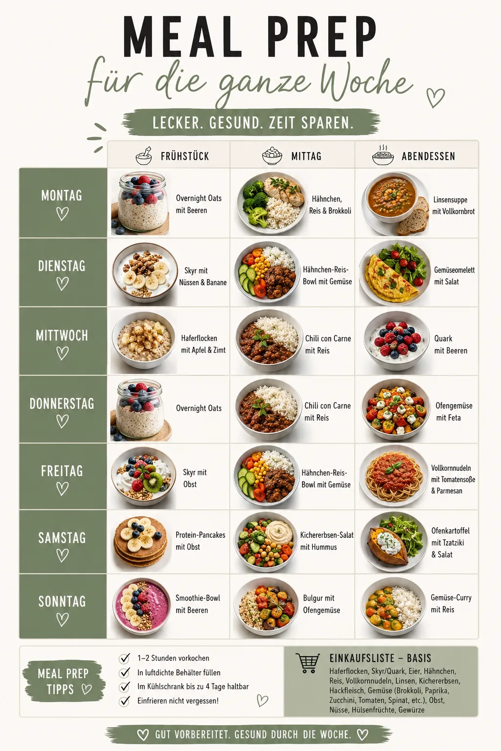 Eine Infografik zeigt einen 7-Tage-Ernährungsplan mit Frühstück, Mittag- und Abendessen sowie Tipps zum Vorkochen.