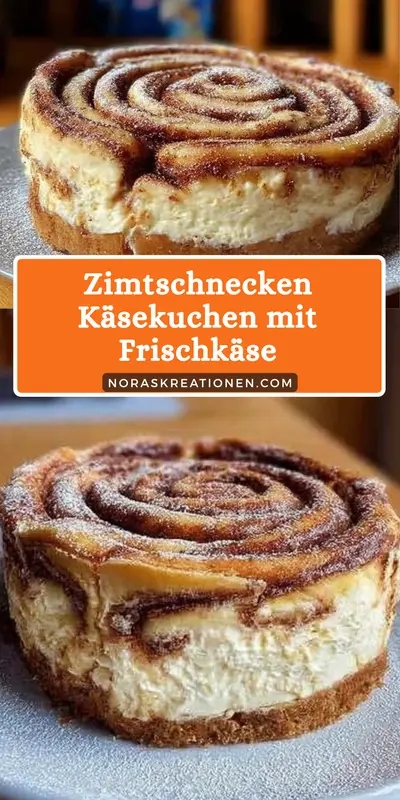 Ein runder Käsekuchen mit spiralförmigem Zimt-Zucker-Muster auf cremiger Füllung auf einem hellen Teller.
