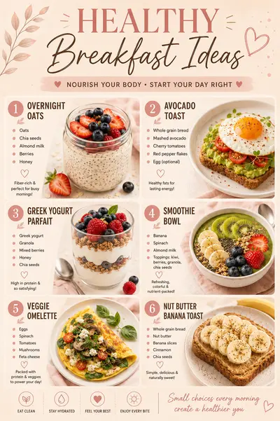 An infographic showing six healthy breakfast options including oats, avocado toast, yogurt, smoothie bowls, and omelettes.