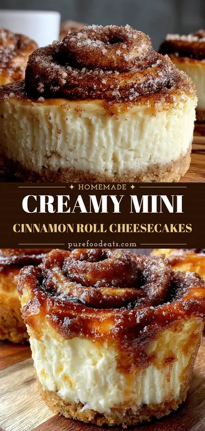 A close-up view of a mini cheesecake topped with a small, swirled cinnamon roll on a wooden board.