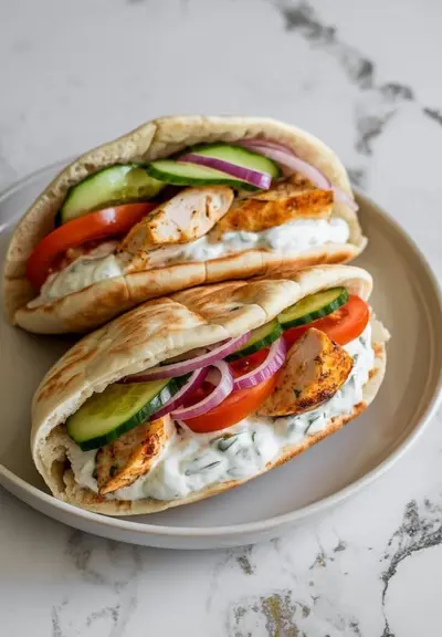 Zwei frisch belegte Pita-Taschen mit Hähnchen, Tzatziki und Gemüse auf einem hellen Teller.
