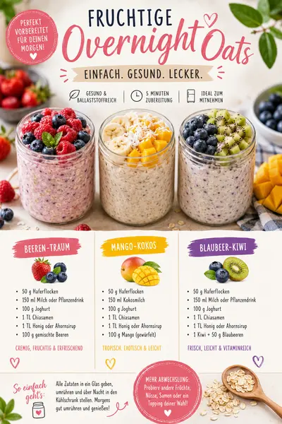 Drei Gläser gefüllt mit Overnight Oats und verschiedenen Obstsorten wie Beeren, Mango und Kiwi auf hellem Untergrund.