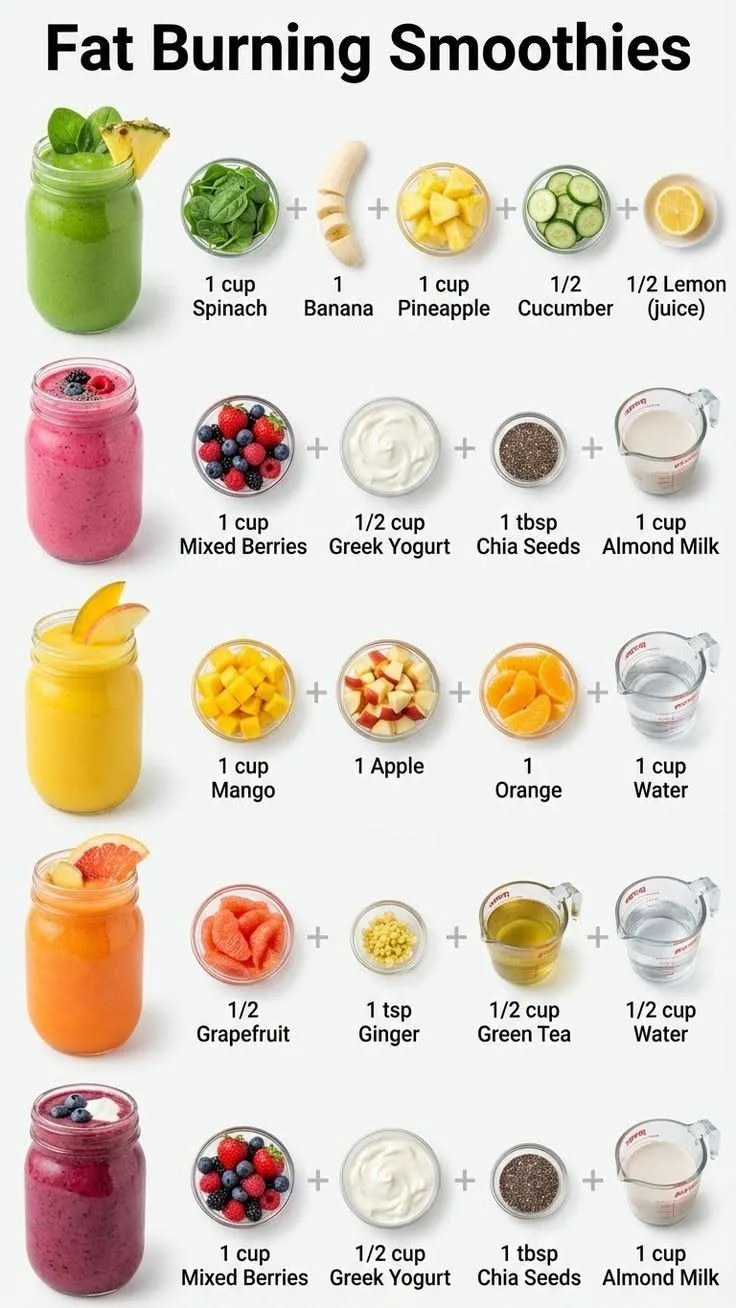 Infografik mit fünf verschiedenen Smoothie-Rezepten in Einmachgläsern und ihren Zutaten in kleinen Schalen.