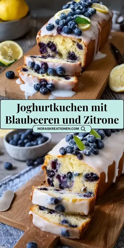 Ein aufgeschnittener Blaubeer-Zitronen-Joghurtkuchen mit weißer Glasur auf einem hölzernen Servierbrett.