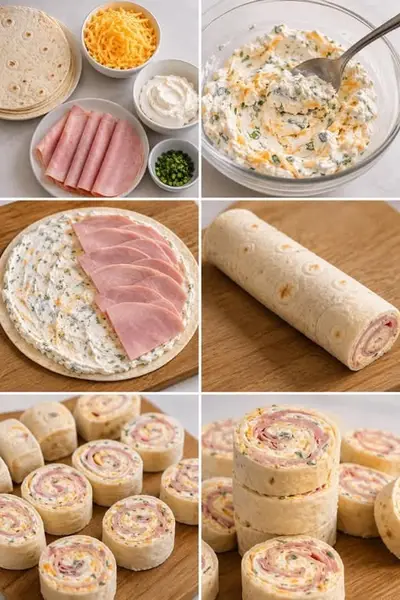 Six photos illustrant les étapes de préparation de roulés au jambon, du mélange des ingrédients à la découpe finale.