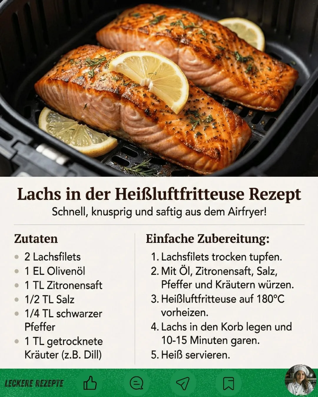 Zwei goldbraun gebratene Lachsfilets mit Zitronenscheiben im schwarzen Korb einer Heißluftfritteuse.