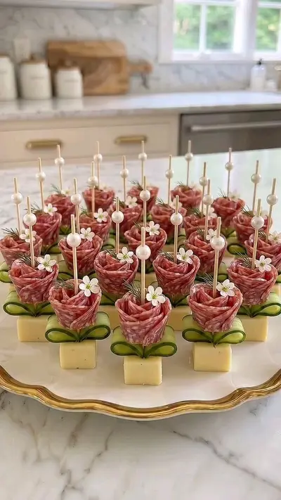 Un plateau d'amuse-bouches en forme de roses composées de salami, de fromage et de concombre sur des pics décorés.