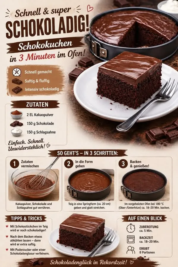 Ein saftiger Schokoladenkuchen in einer Springform und ein einzelnes Stück auf einem weißen Teller.