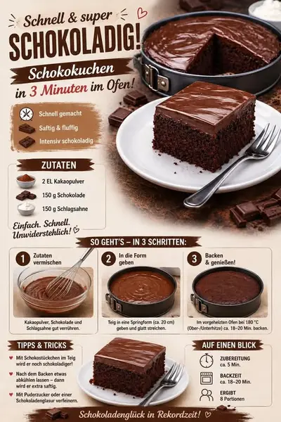 Ein saftiges Stück Schokoladenkuchen auf einem weißen Teller neben einer Gabel und einem ganzen Kuchen in der Form.