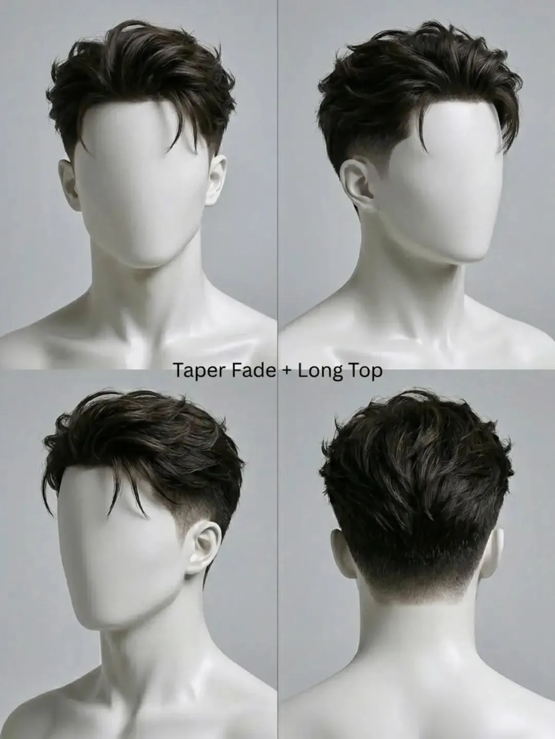 Vier Ansichten eines Schaufensterpuppenkopfes mit Taper Fade an den Seiten und längerem, strukturiertem Deckhaar.