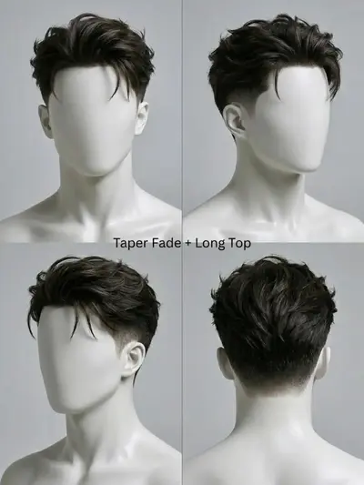Vier Ansichten eines Schaufensterpuppenkopfes mit Taper Fade an den Seiten und längerem, strukturiertem Deckhaar.