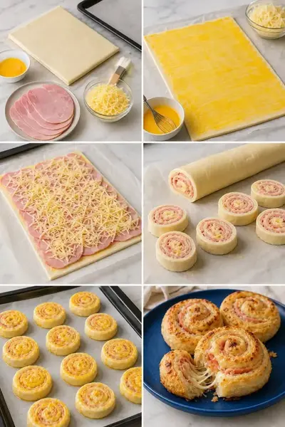 Schritt-für-Schritt-Zubereitung von goldbraunen Schinken-Käse-Schnecken auf einem Backblech und einem Teller.