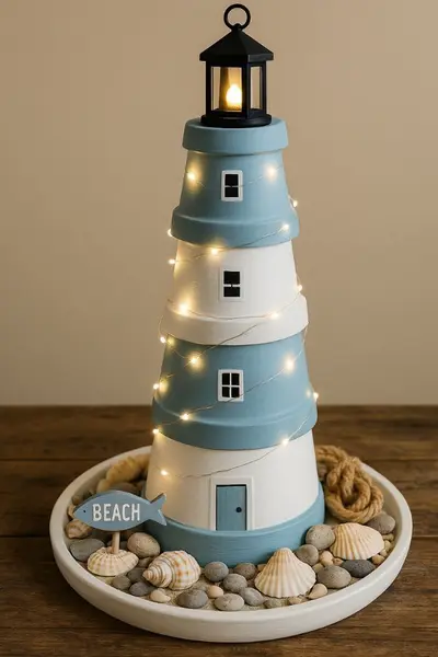 Ein selbstgebastelter, blau-weißer Leuchtturm aus Tontöpfen, der auf einem Tablett mit Muscheln und Sand steht.