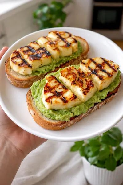 Zwei Scheiben geröstetes Brot mit Avocado und gegrillten Halloumi-Streifen auf einem weißen Teller.