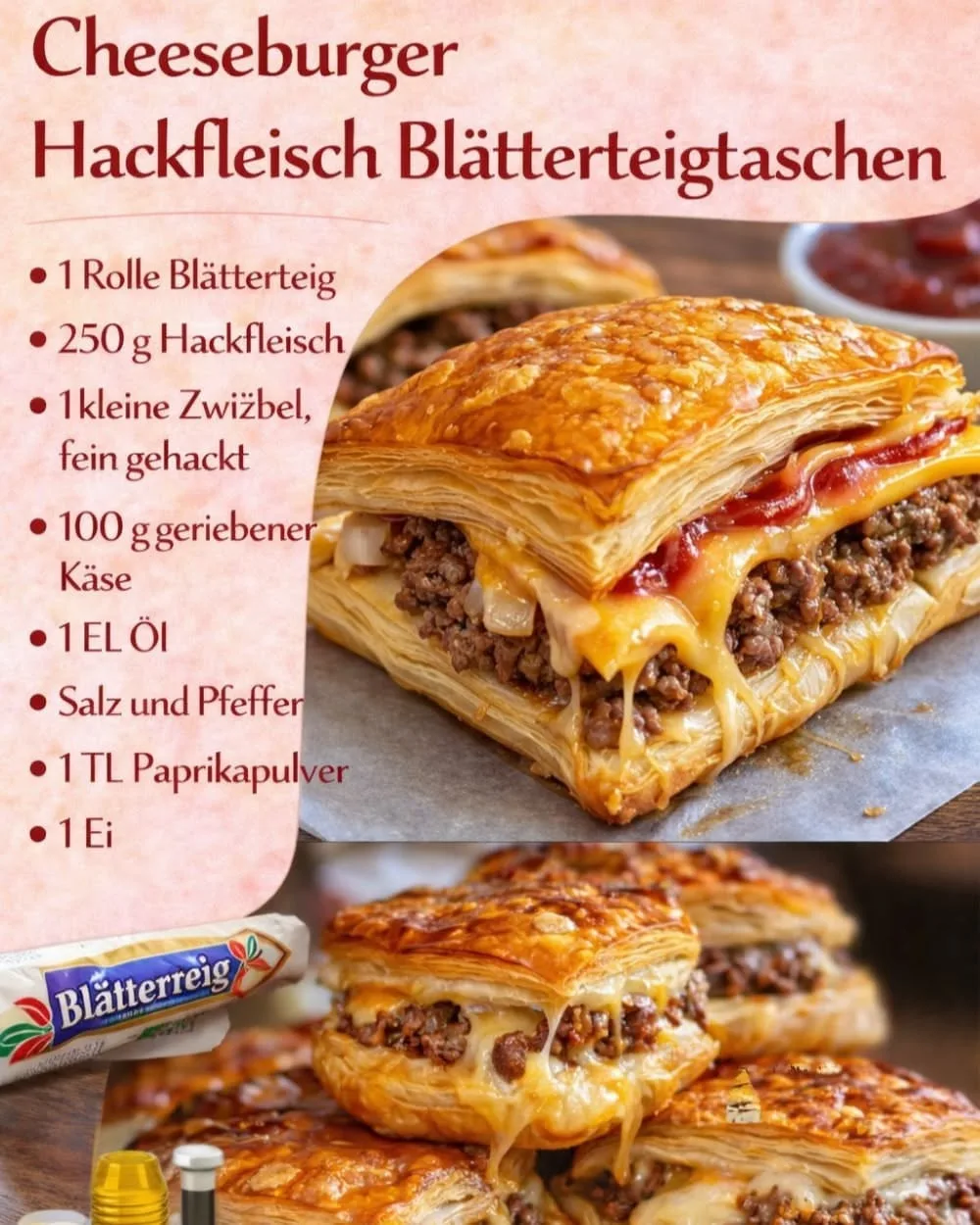 Ein appetitliches Gebäck aus Blätterteig, gefüllt mit saftigem Hackfleisch und geschmolzenem Käse.
