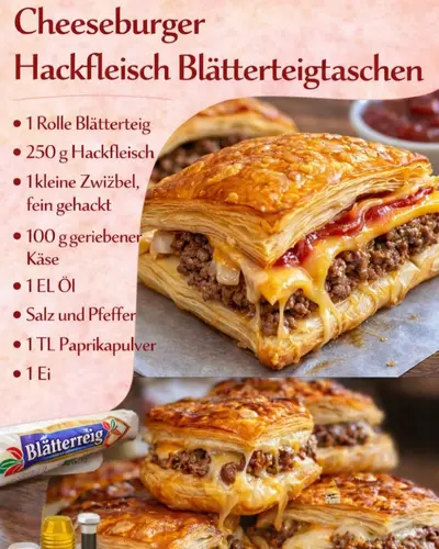 Ein appetitliches Gebäck aus Blätterteig, gefüllt mit saftigem Hackfleisch und geschmolzenem Käse.